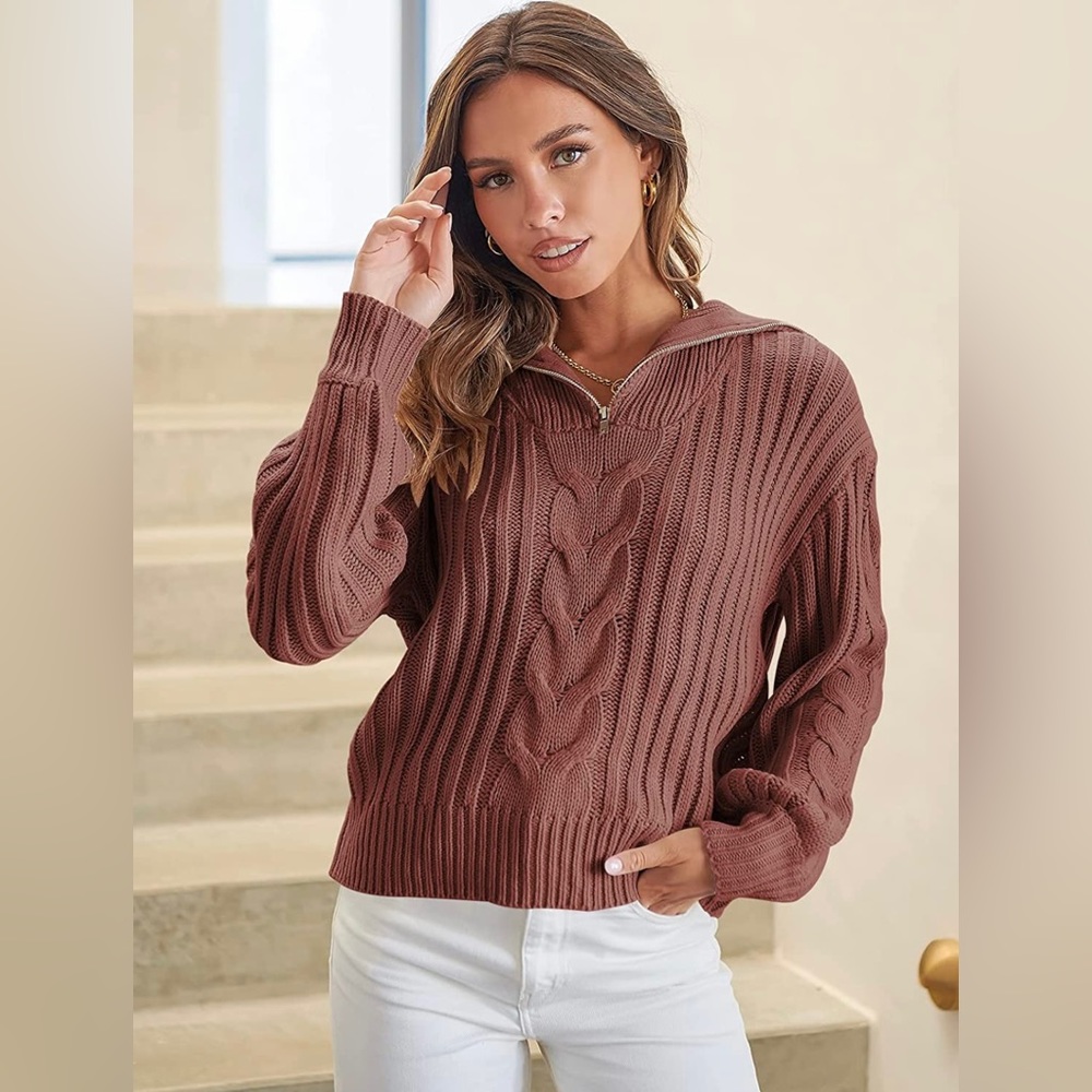 Women's 2022 Fall Winter Long Sleeve 1/4 Zipper Collared Casual Chunky Cable